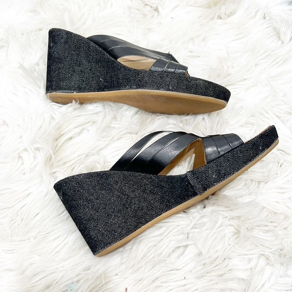 BANANA Republic Marbella Black Leather & Denim Criss Cross Wedges 6